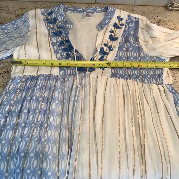 Blue and White Women's Mini Dress Made in India Pullover V-Neck Boho - Picture 5 of 10